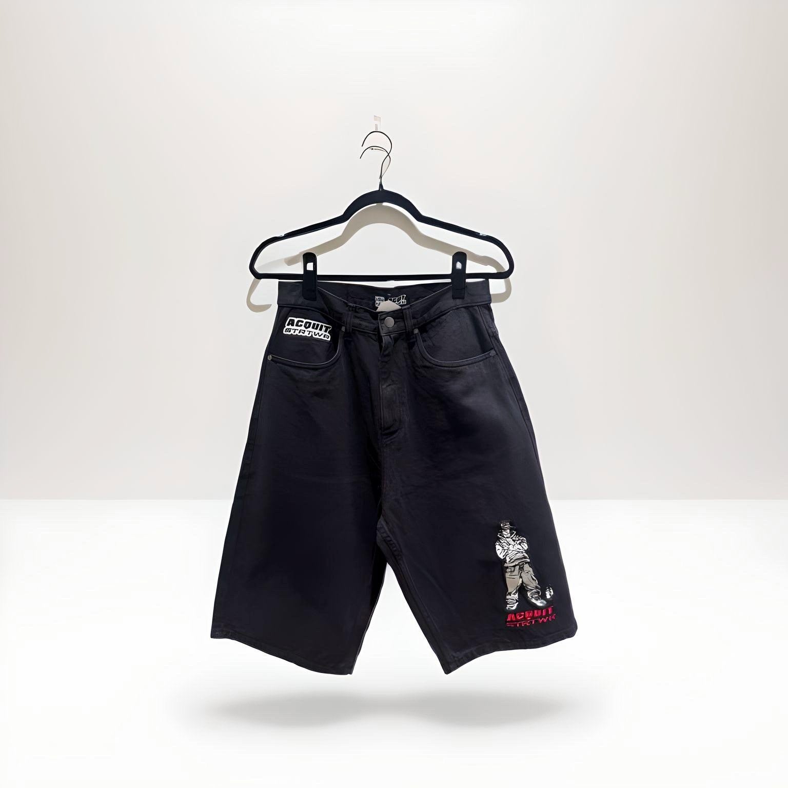 ACQUIT STRTWR Embroided B-Boy Jean Shorts Black/ Red